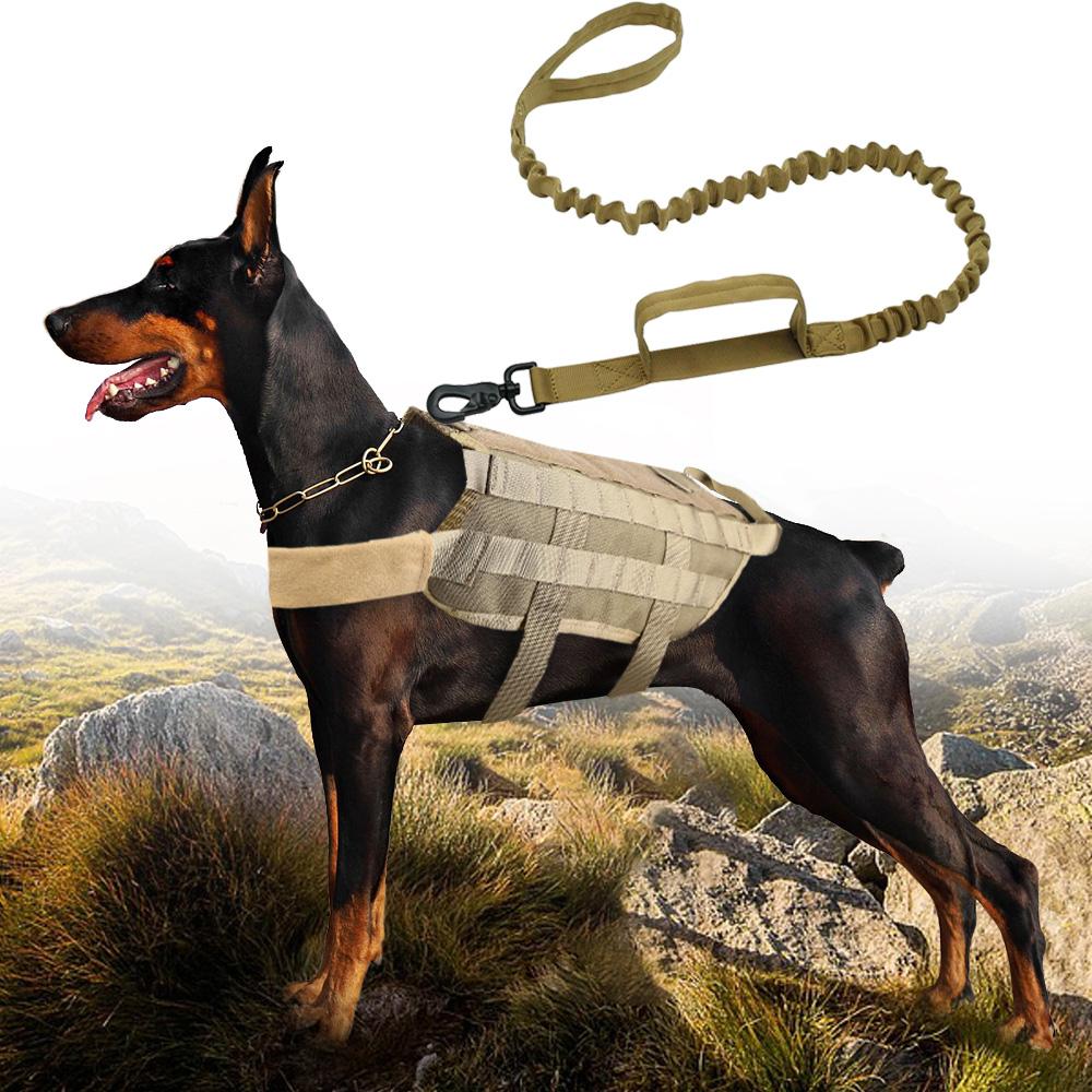 Adjustable nylon tactical dog vest with leash, designed for training and outdoor activities, featuring quick release buckles and a sturdy handle.