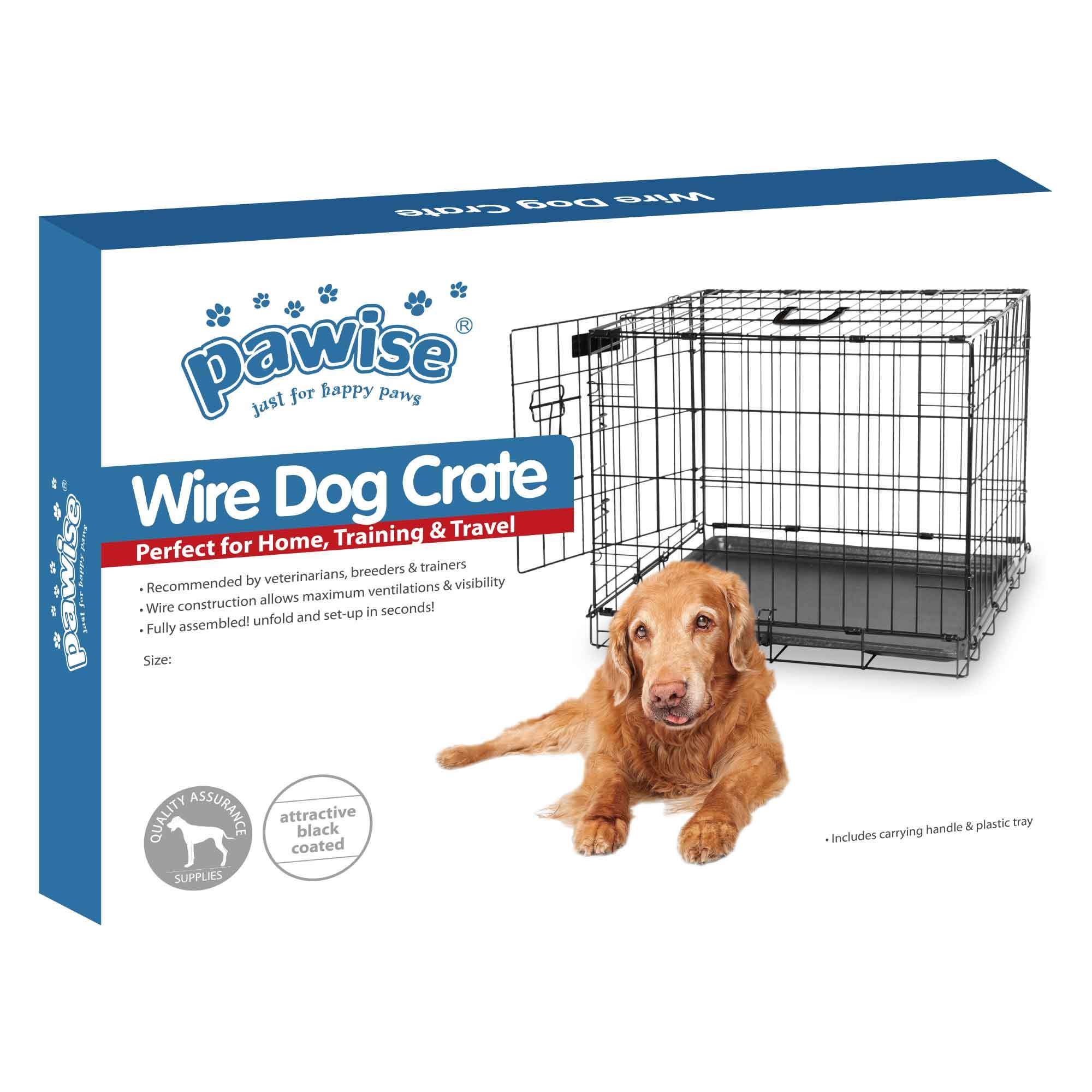 Medium-sized portable dog wire crate made of black-coated wire, featuring double door access and a removable tray for easy cleaning.