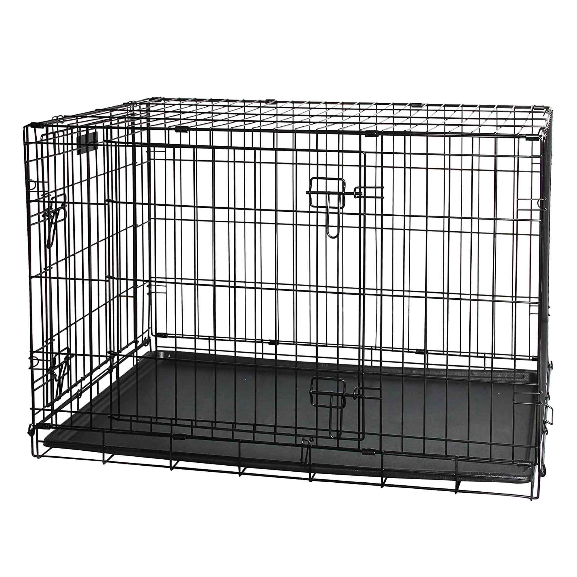 Medium-sized portable dog wire crate made of black-coated wire, featuring double door access and a removable tray for easy cleaning.