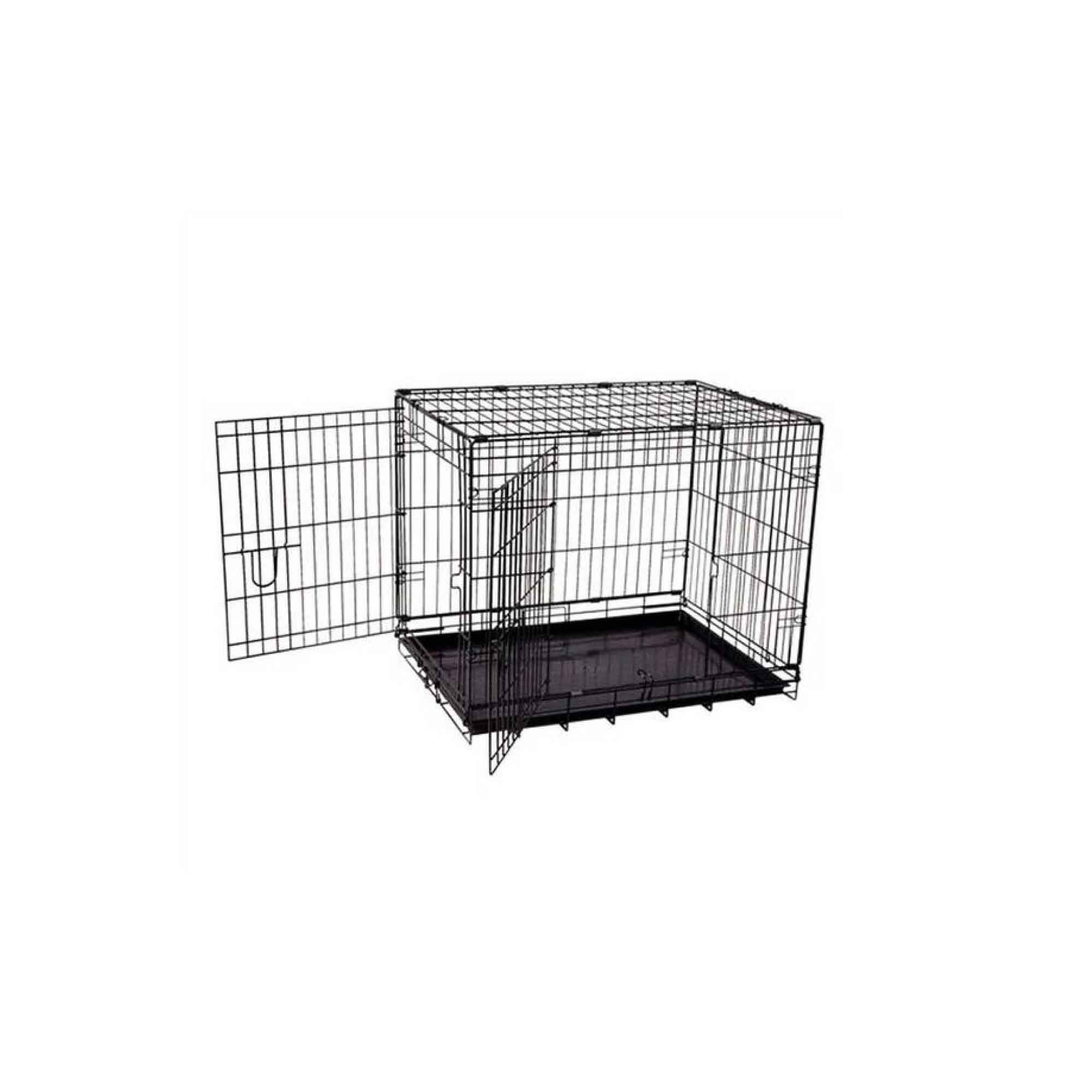 Medium-sized portable dog wire crate made of black-coated wire, featuring double door access and a removable tray for easy cleaning.