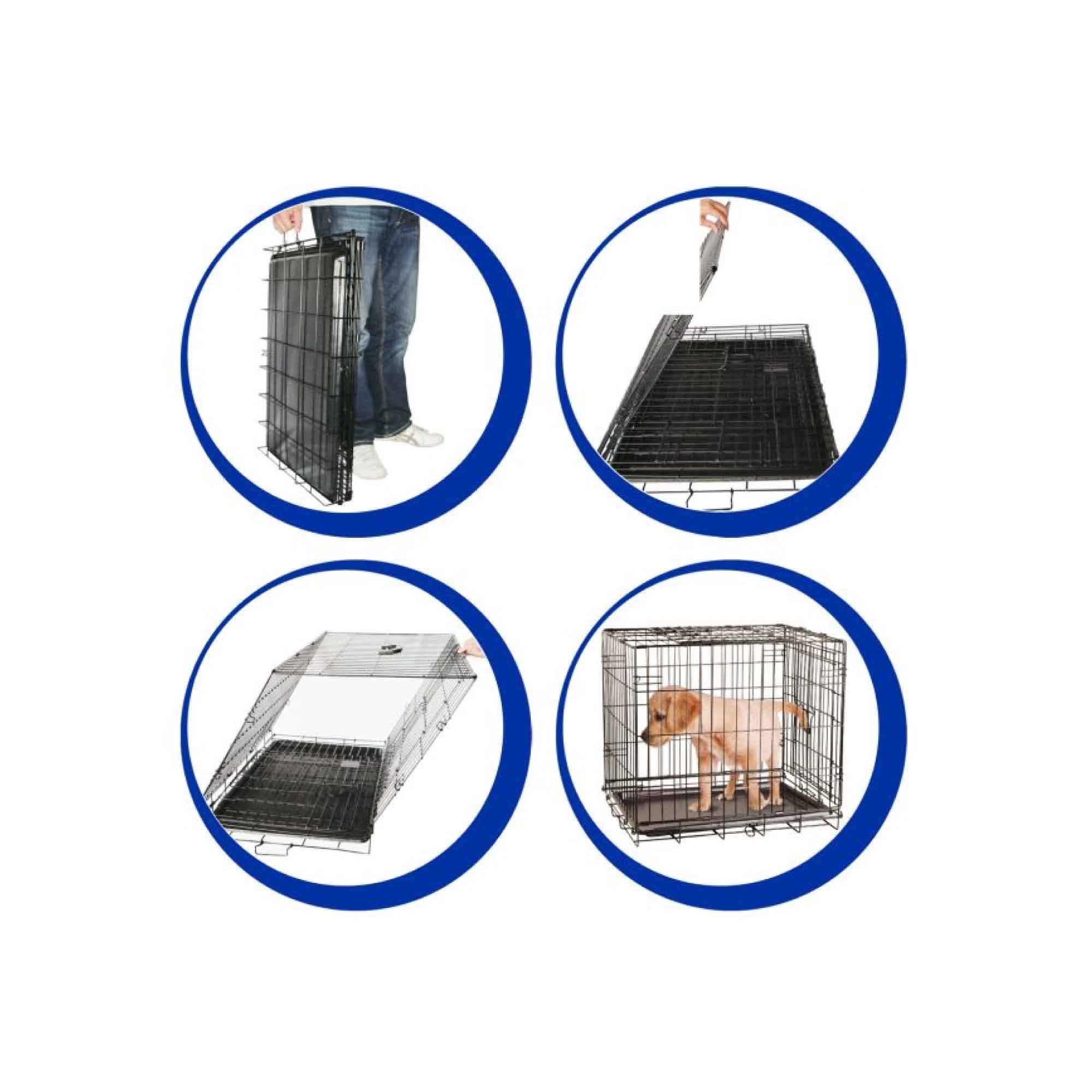 Medium-sized portable dog wire crate made of black-coated wire, featuring double door access and a removable tray for easy cleaning.