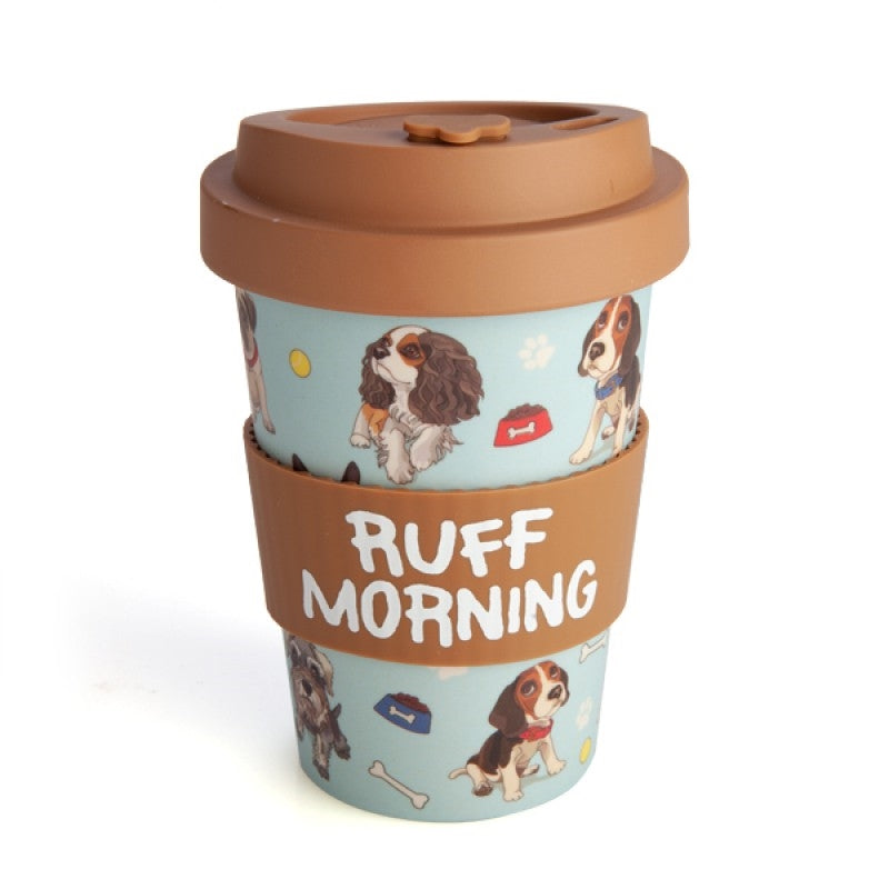 Dogs Eco-to-Go Bamboo Cup featuring cute puppies on a light blue background with a brown anti-spill lid and silicone band.