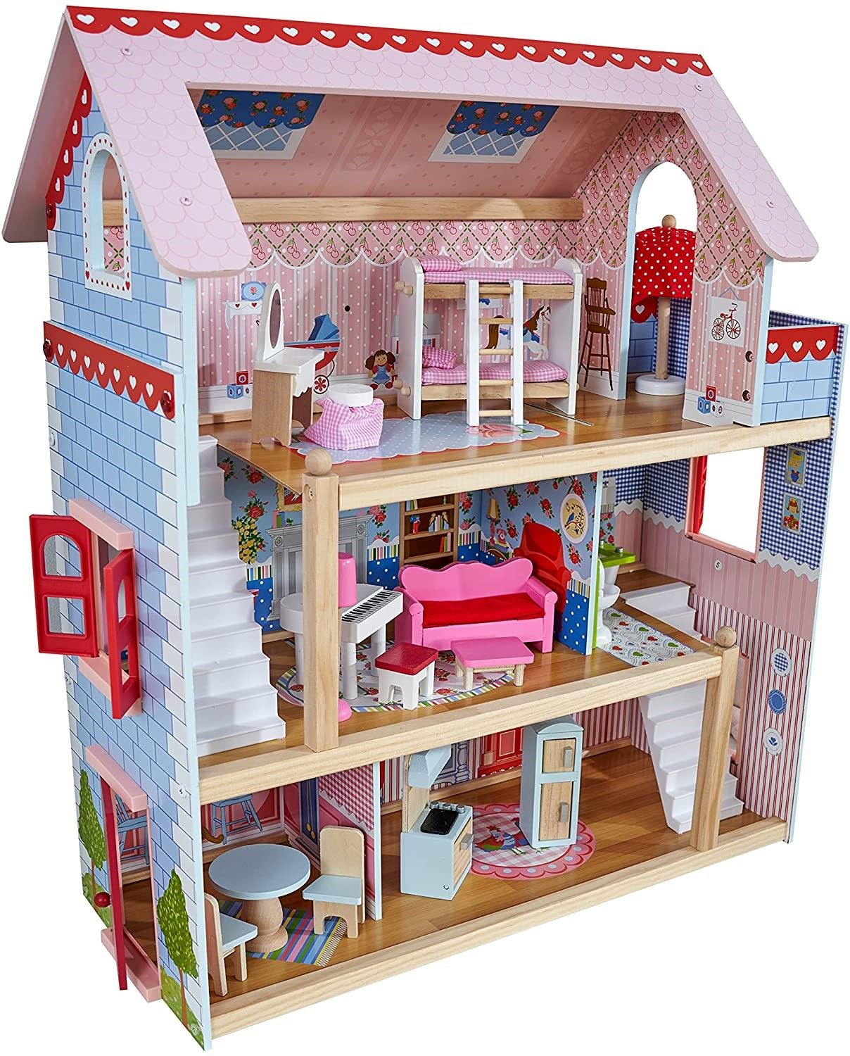 A colorful Doll Cottage with Furniture for kids, featuring three levels, five rooms, and a 16-piece furniture set, designed for imaginative play.