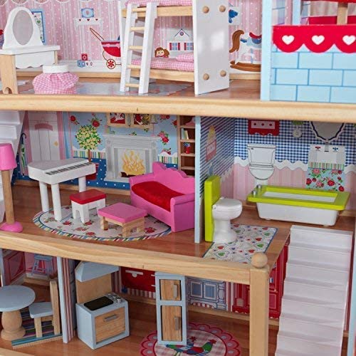 A colorful Doll Cottage with Furniture for kids, featuring three levels, five rooms, and a 16-piece furniture set, designed for imaginative play.