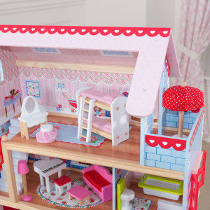 A colorful Doll Cottage with Furniture for kids, featuring three levels, five rooms, and a 16-piece furniture set, designed for imaginative play.