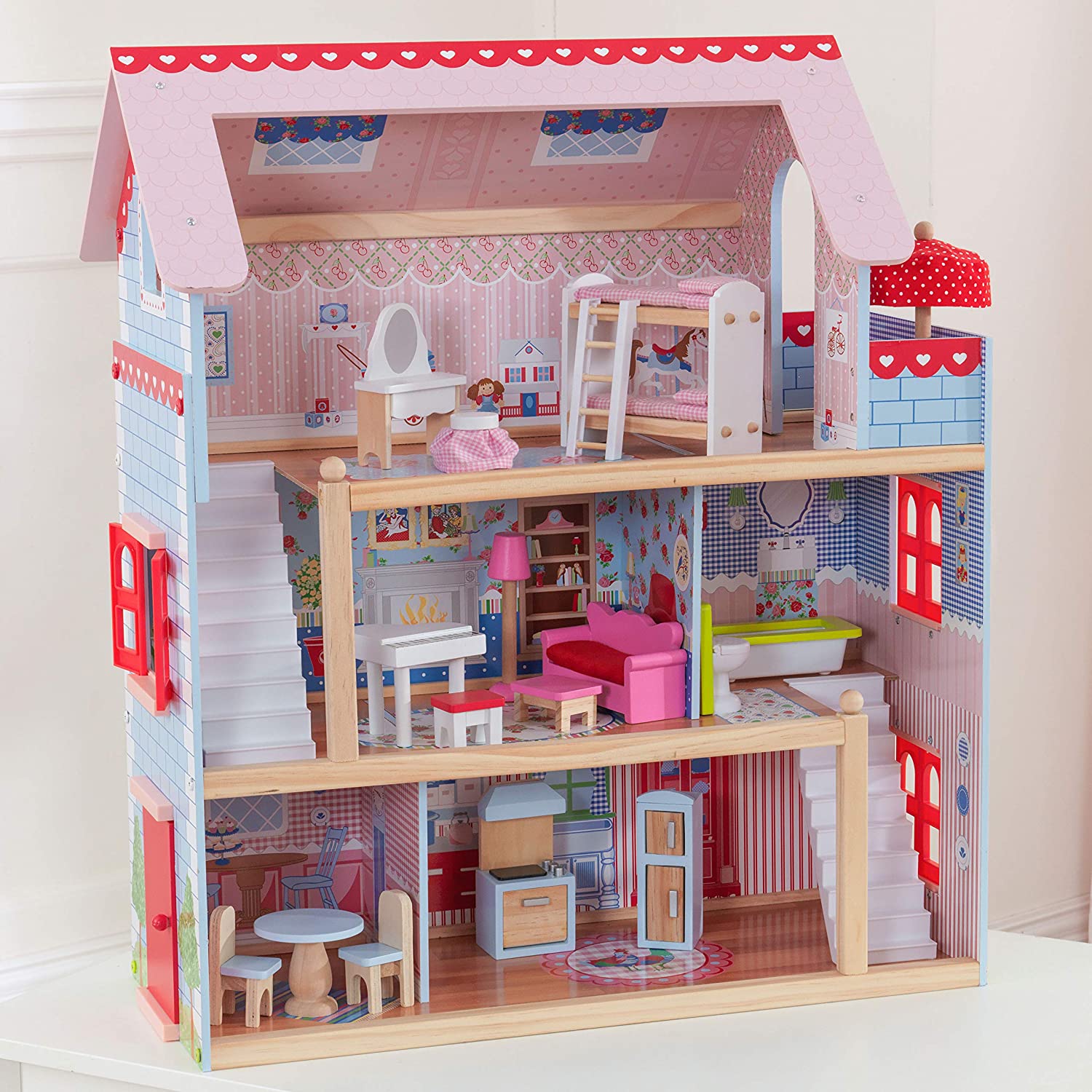 A colorful Doll Cottage with Furniture for kids, featuring three levels, five rooms, and a 16-piece furniture set, designed for imaginative play.