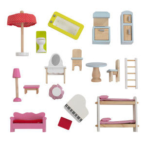 A colorful Doll Cottage with Furniture for kids, featuring three levels, five rooms, and a 16-piece furniture set, designed for imaginative play.