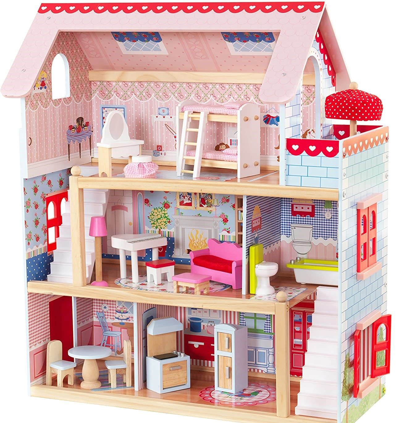 A colorful Doll Cottage with Furniture for kids, featuring three levels, five rooms, and a 16-piece furniture set, designed for imaginative play.