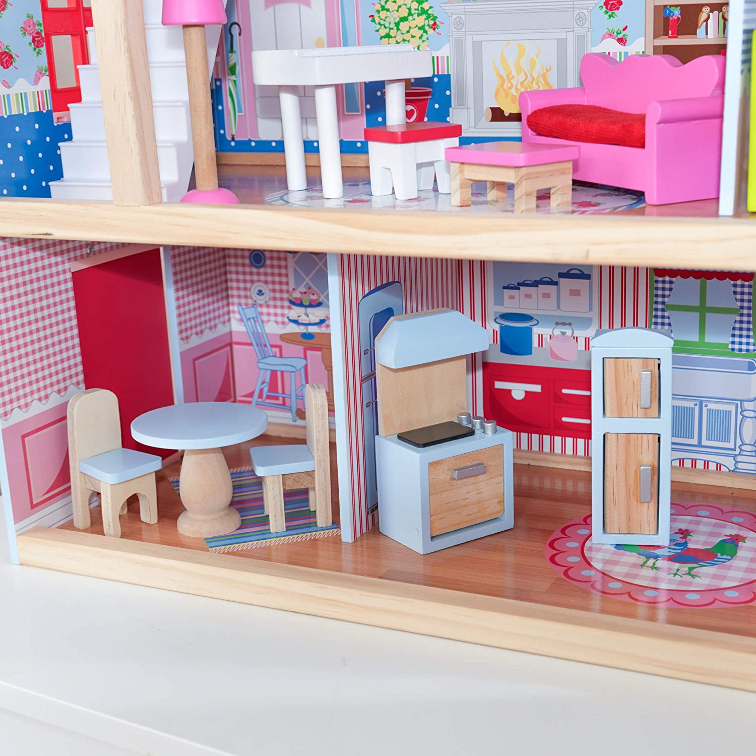 A colorful Doll Cottage with Furniture for kids, featuring three levels, five rooms, and a 16-piece furniture set, designed for imaginative play.