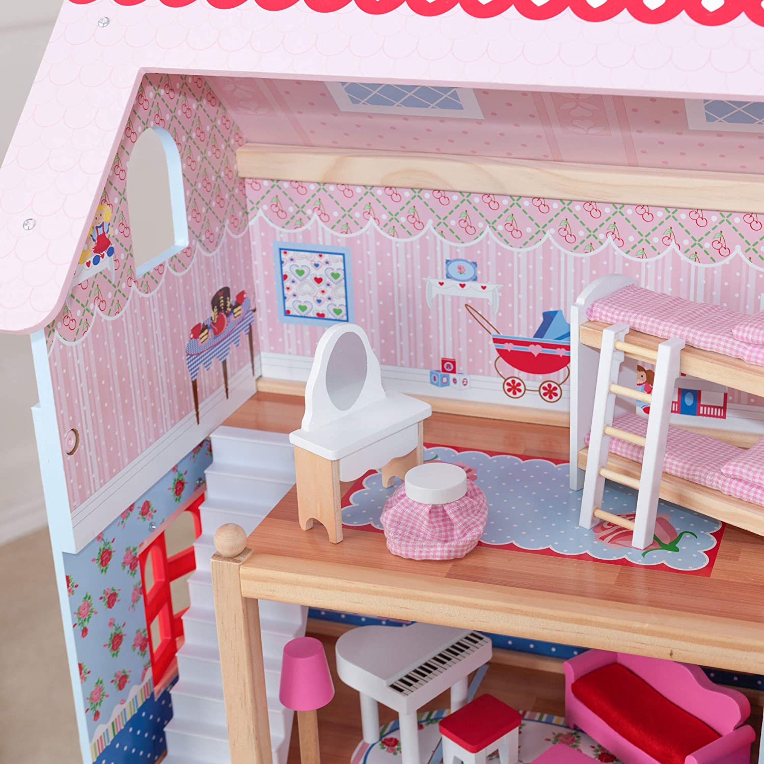 A colorful Doll Cottage with Furniture for kids, featuring three levels, five rooms, and a 16-piece furniture set, designed for imaginative play.