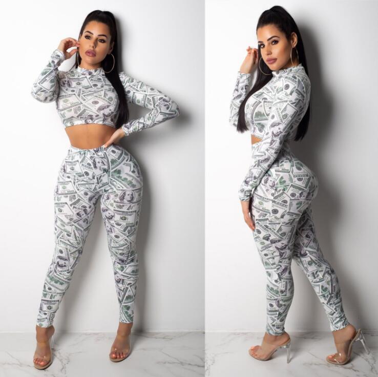 Dollars Money Printing tracksuit for women featuring a sexy crop top and long sleeve shirt with matching ankle-length pants.