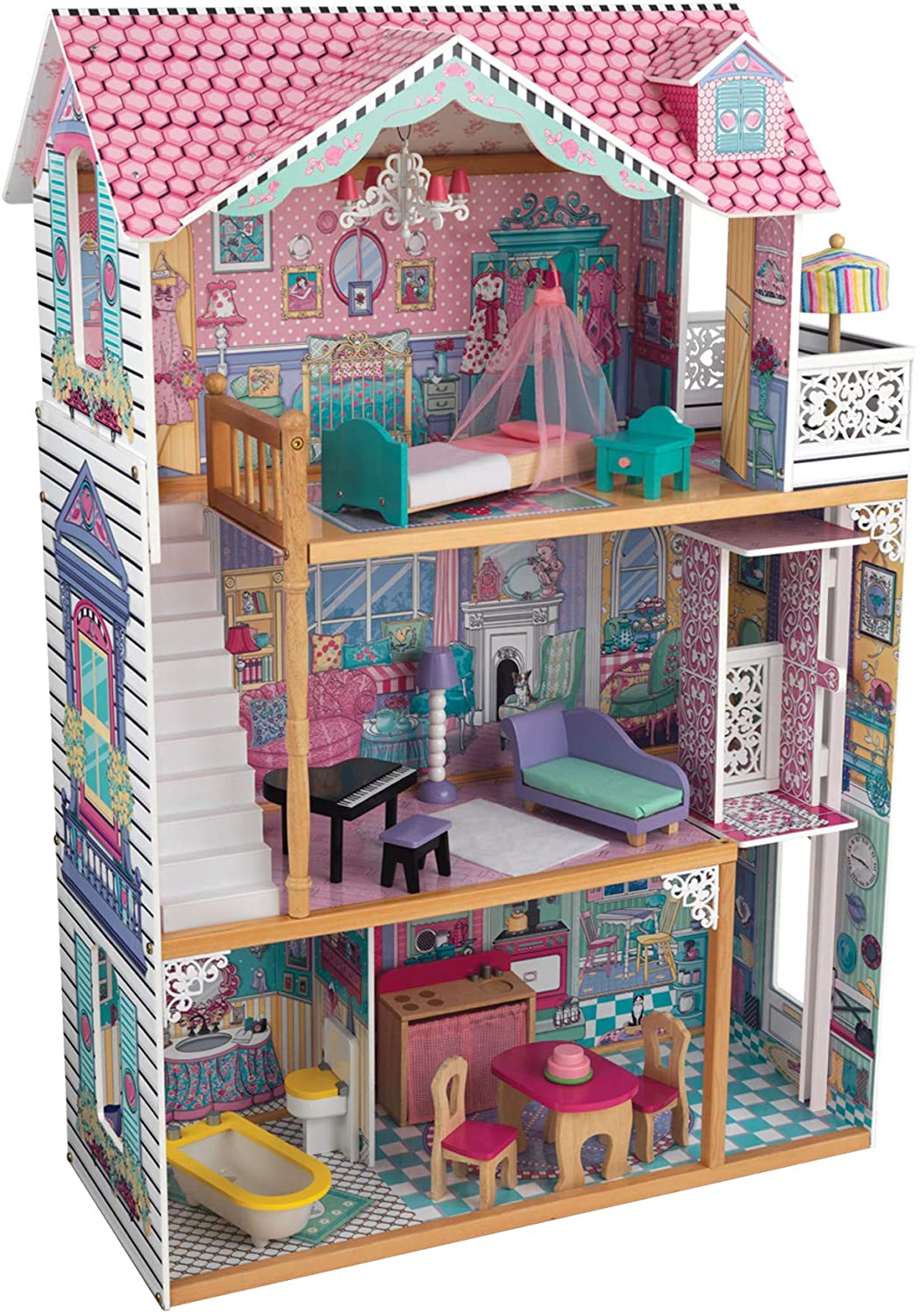 A colorful wooden dollhouse with three levels, four rooms, and a balcony, featuring a gliding elevator and 17 pieces of furniture for imaginative play.