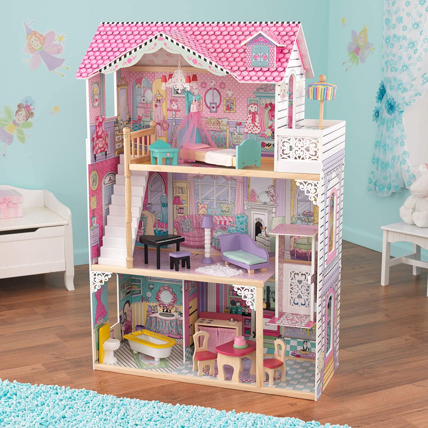 A colorful wooden dollhouse with three levels, four rooms, and a balcony, featuring a gliding elevator and 17 pieces of furniture for imaginative play.