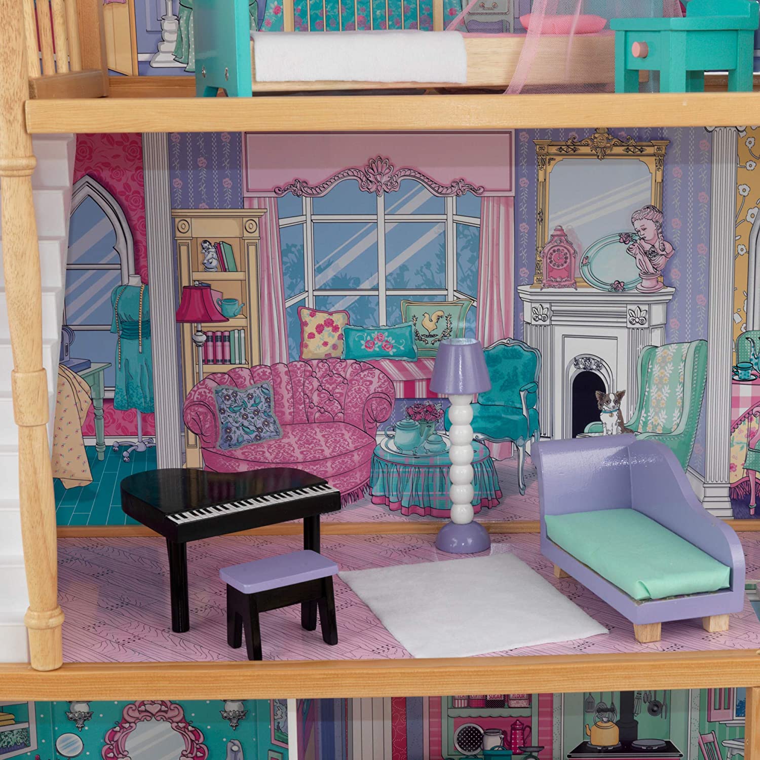 A colorful wooden dollhouse with three levels, four rooms, and a balcony, featuring a gliding elevator and 17 pieces of furniture for imaginative play.