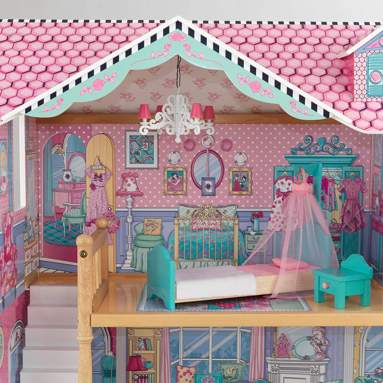 A colorful wooden dollhouse with three levels, four rooms, and a balcony, featuring a gliding elevator and 17 pieces of furniture for imaginative play.