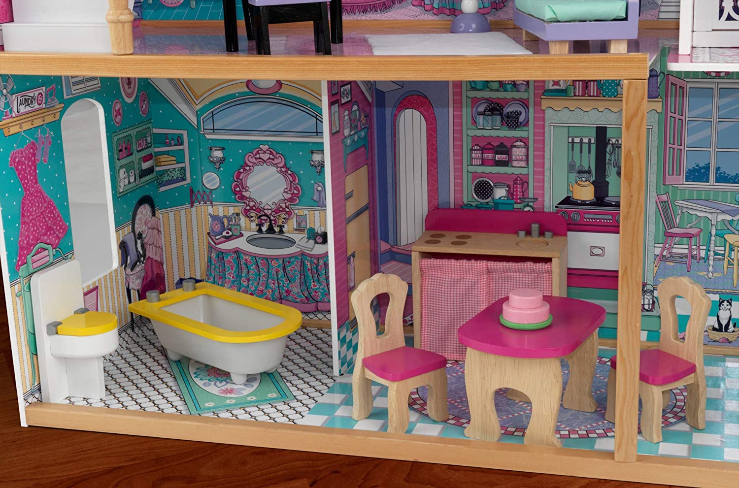 A colorful wooden dollhouse with three levels, four rooms, and a balcony, featuring a gliding elevator and 17 pieces of furniture for imaginative play.