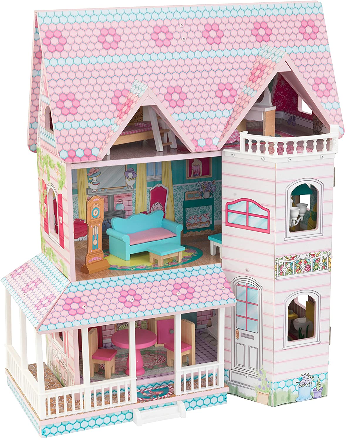 Colorful dollhouse with furniture, featuring three levels and five rooms, designed for imaginative play.