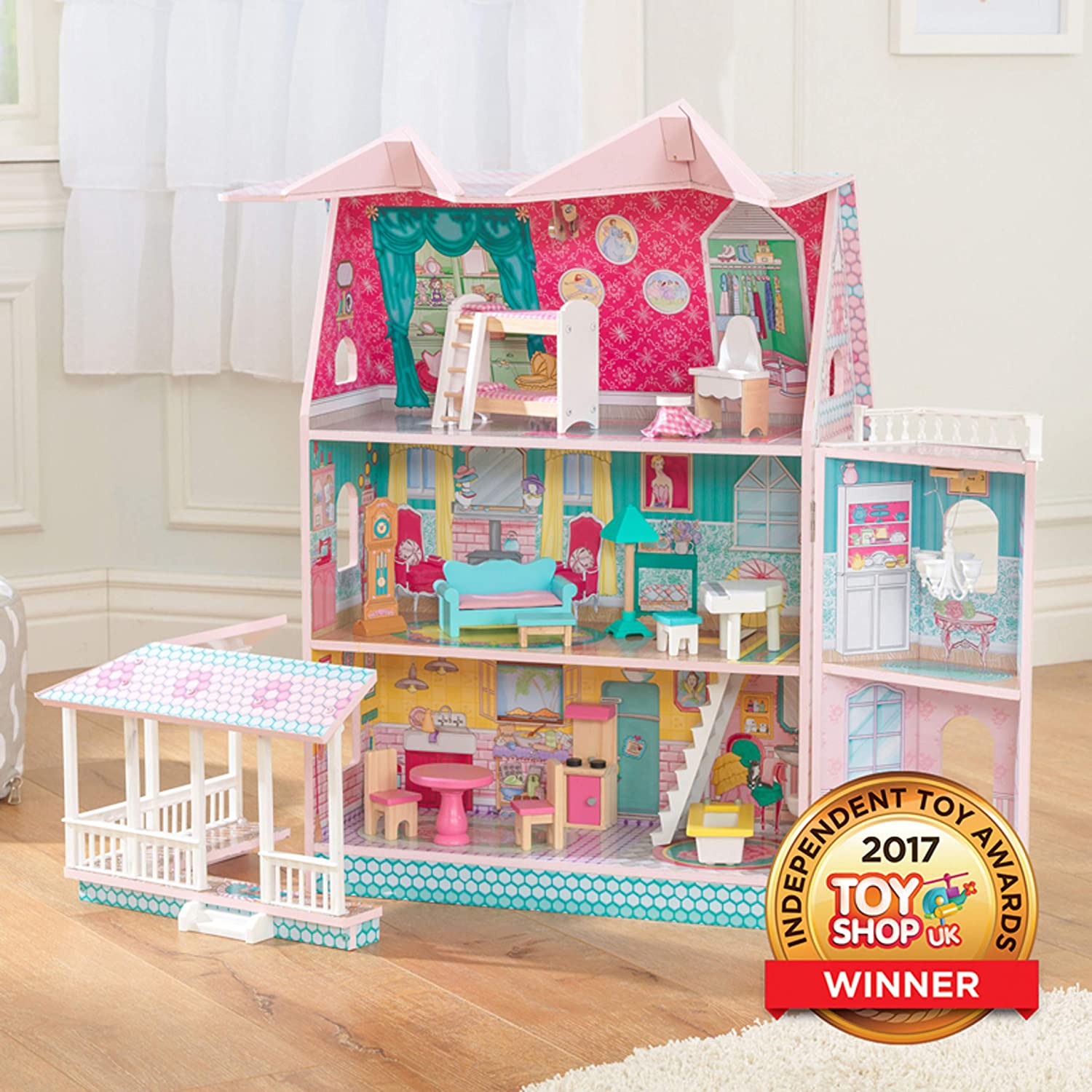 Colorful dollhouse with furniture, featuring three levels and five rooms, designed for imaginative play.