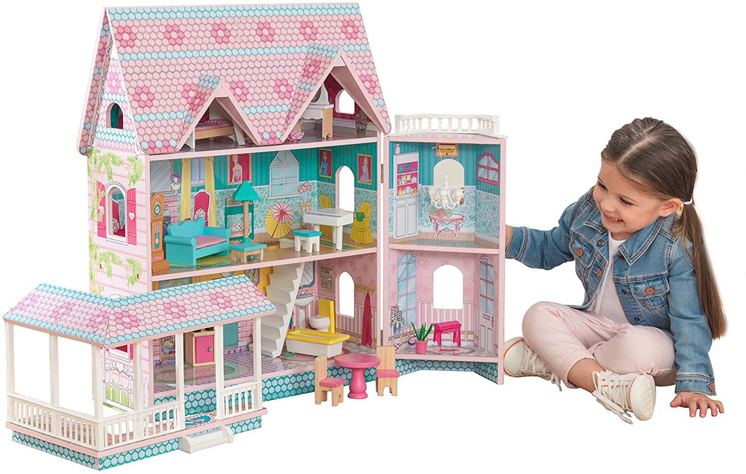 Colorful dollhouse with furniture, featuring three levels and five rooms, designed for imaginative play.