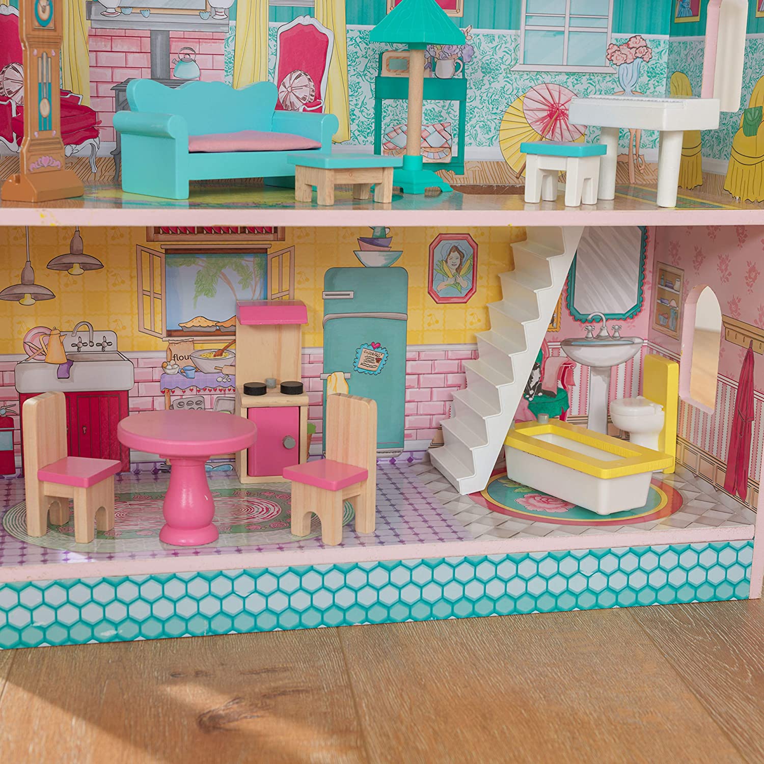 Colorful dollhouse with furniture, featuring three levels and five rooms, designed for imaginative play.