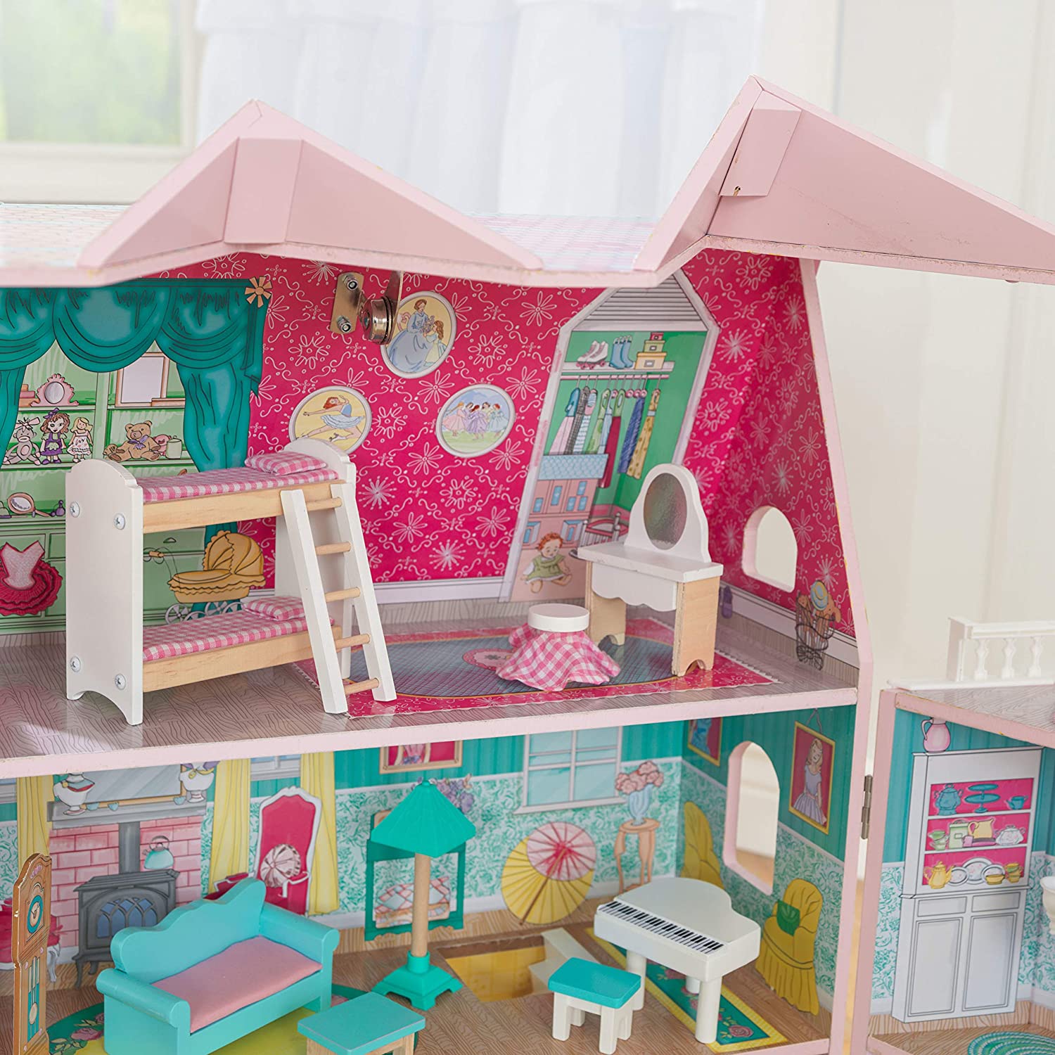 Colorful dollhouse with furniture, featuring three levels and five rooms, designed for imaginative play.