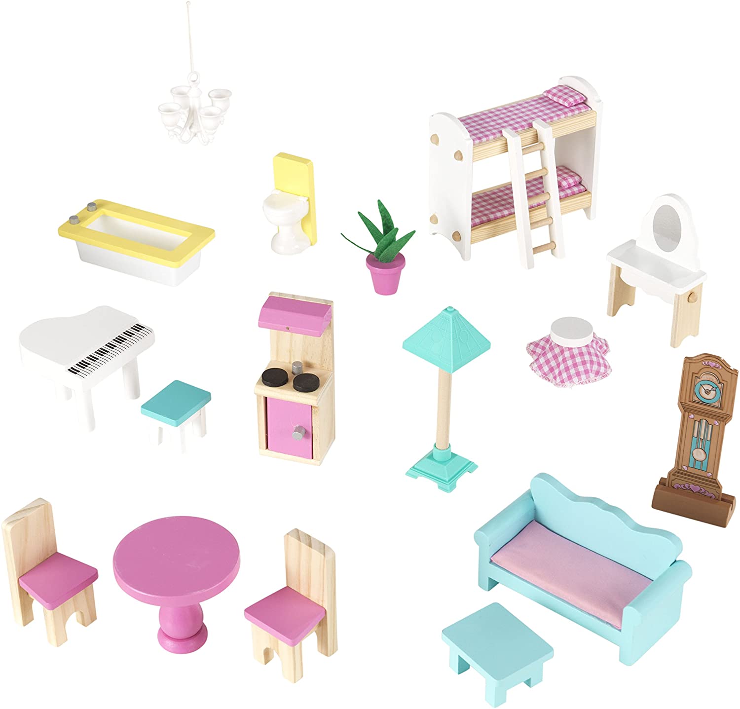 Colorful dollhouse with furniture, featuring three levels and five rooms, designed for imaginative play.