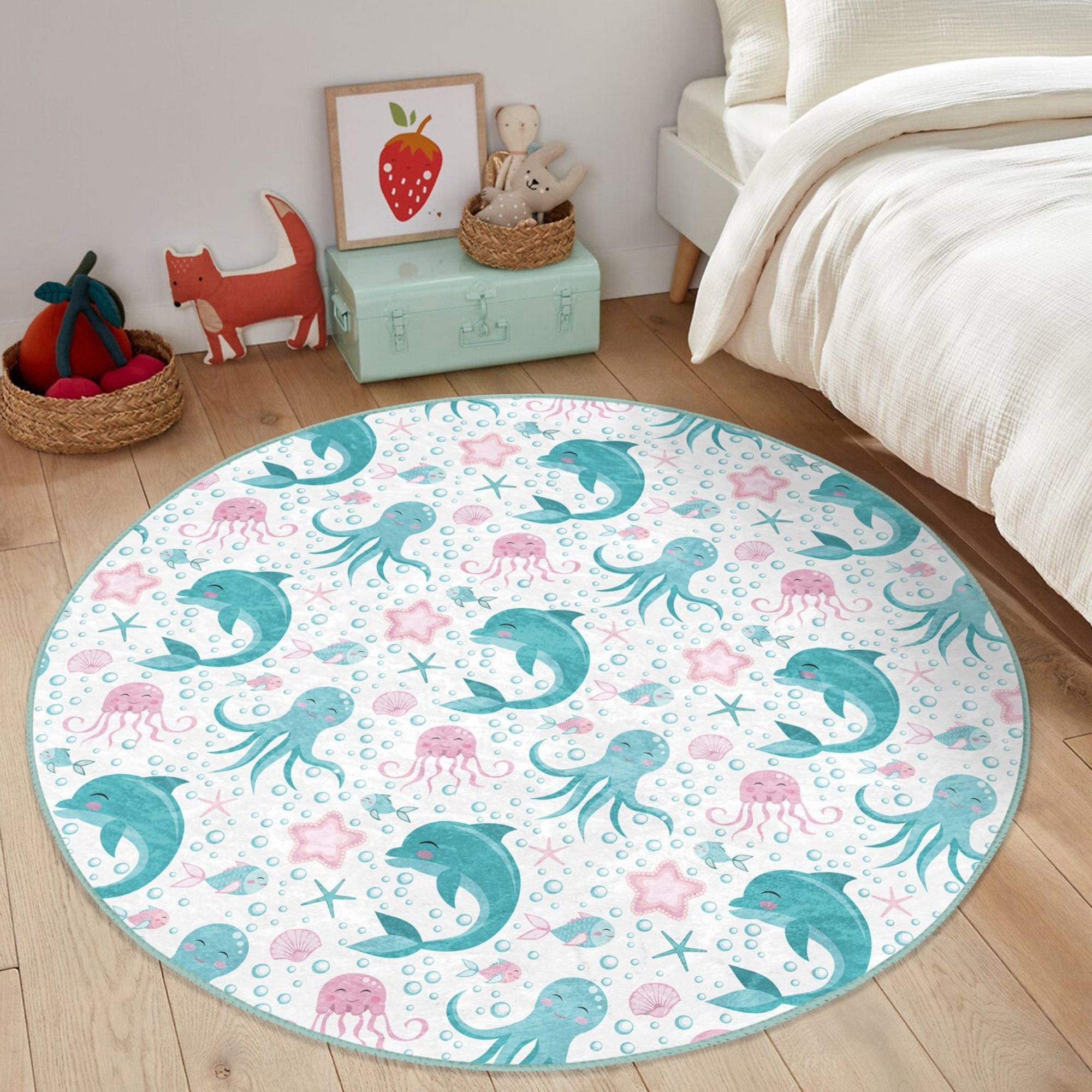 Colorful kids room decorative rug featuring playful dolphins and octopuses, made from soft velvet fabric.