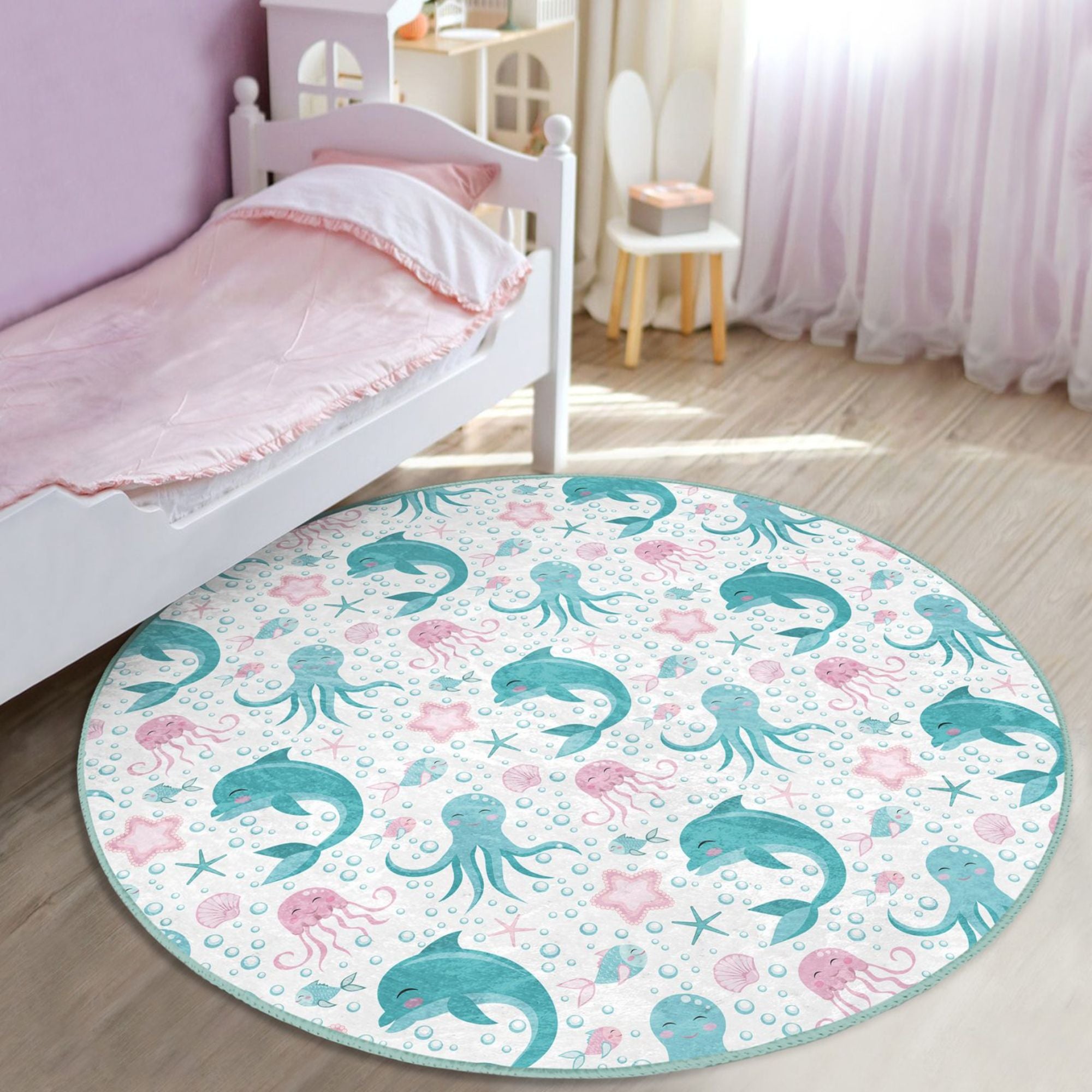 Colorful kids room decorative rug featuring playful dolphins and octopuses, made from soft velvet fabric.