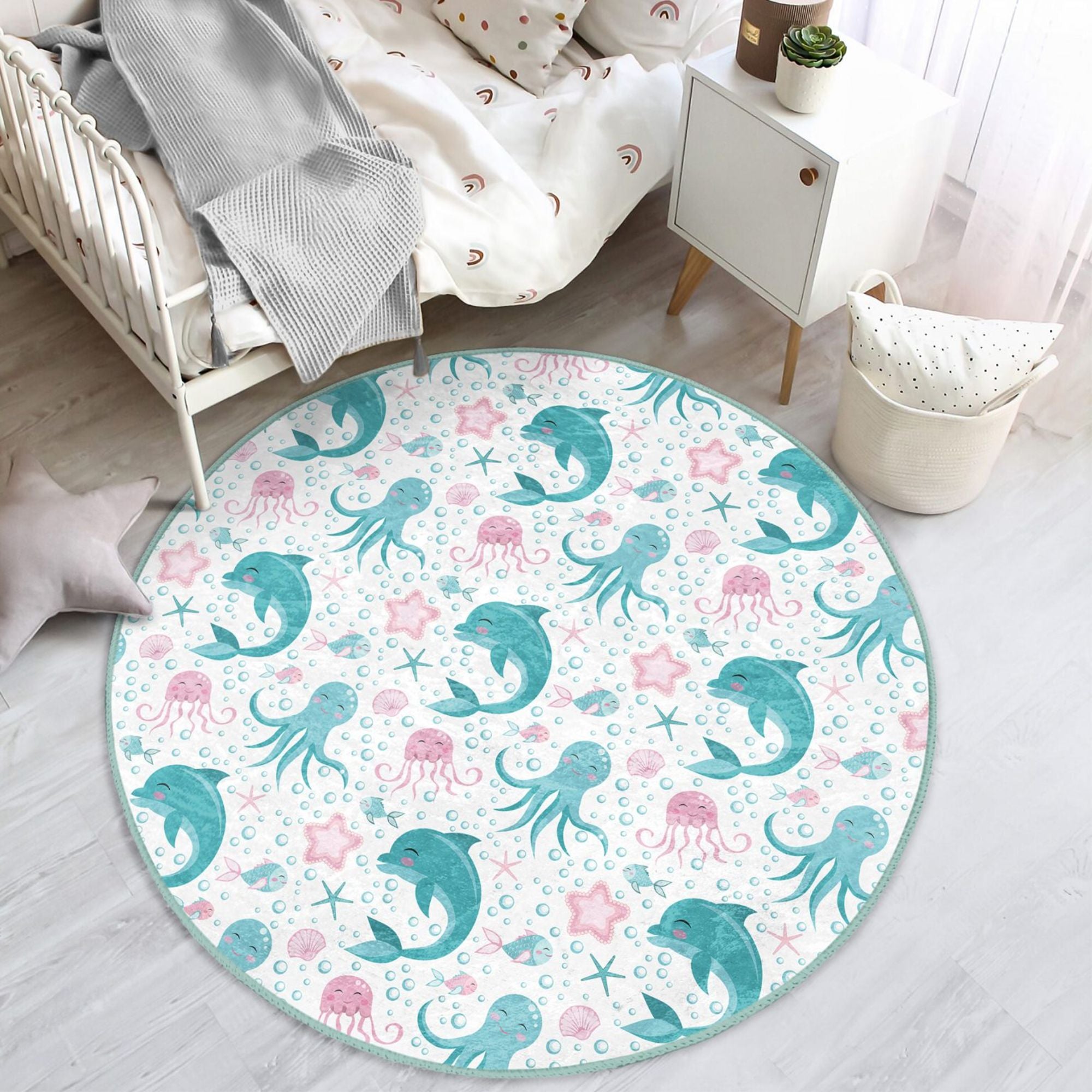 Colorful kids room decorative rug featuring playful dolphins and octopuses, made from soft velvet fabric.