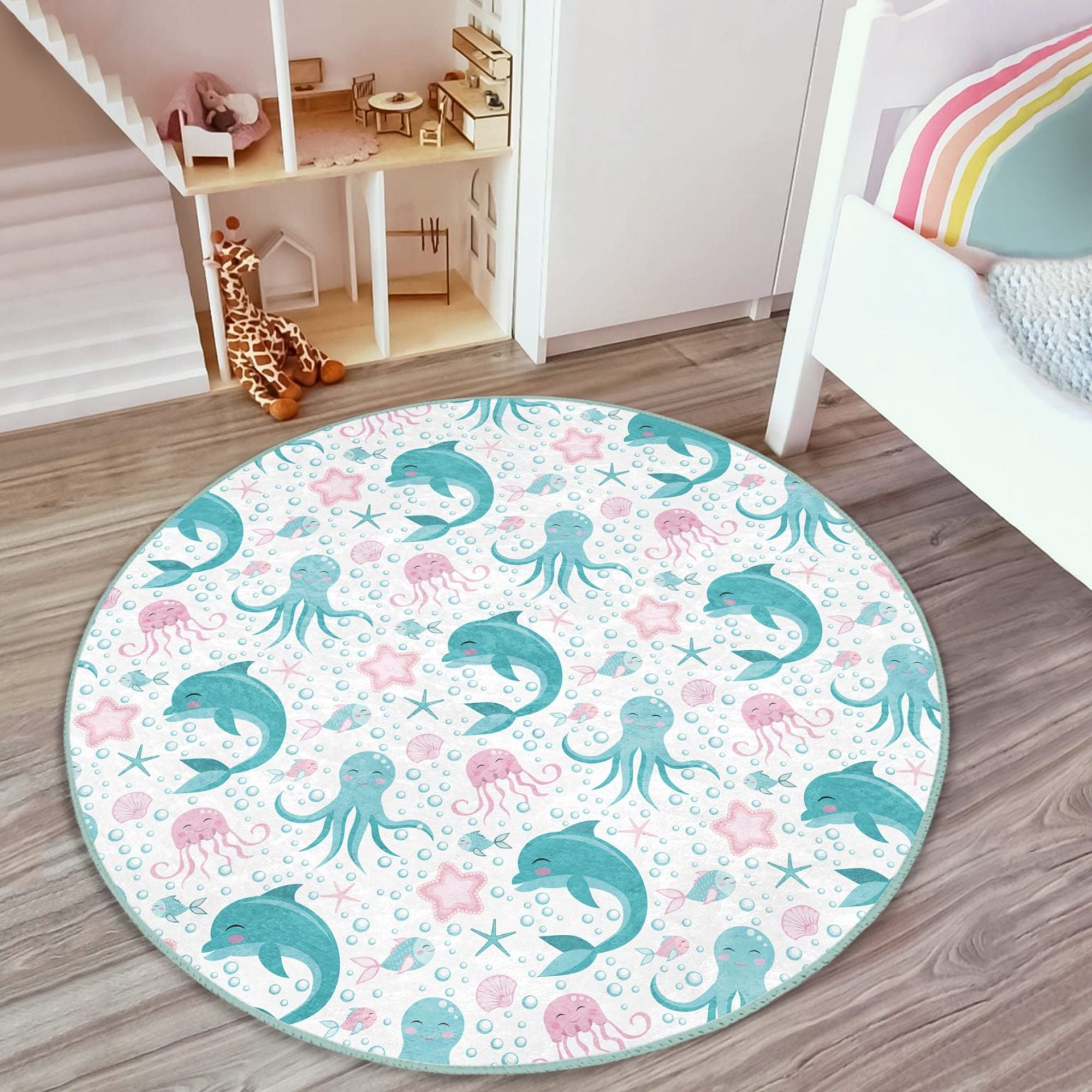 Colorful kids room decorative rug featuring playful dolphins and octopuses, made from soft velvet fabric.