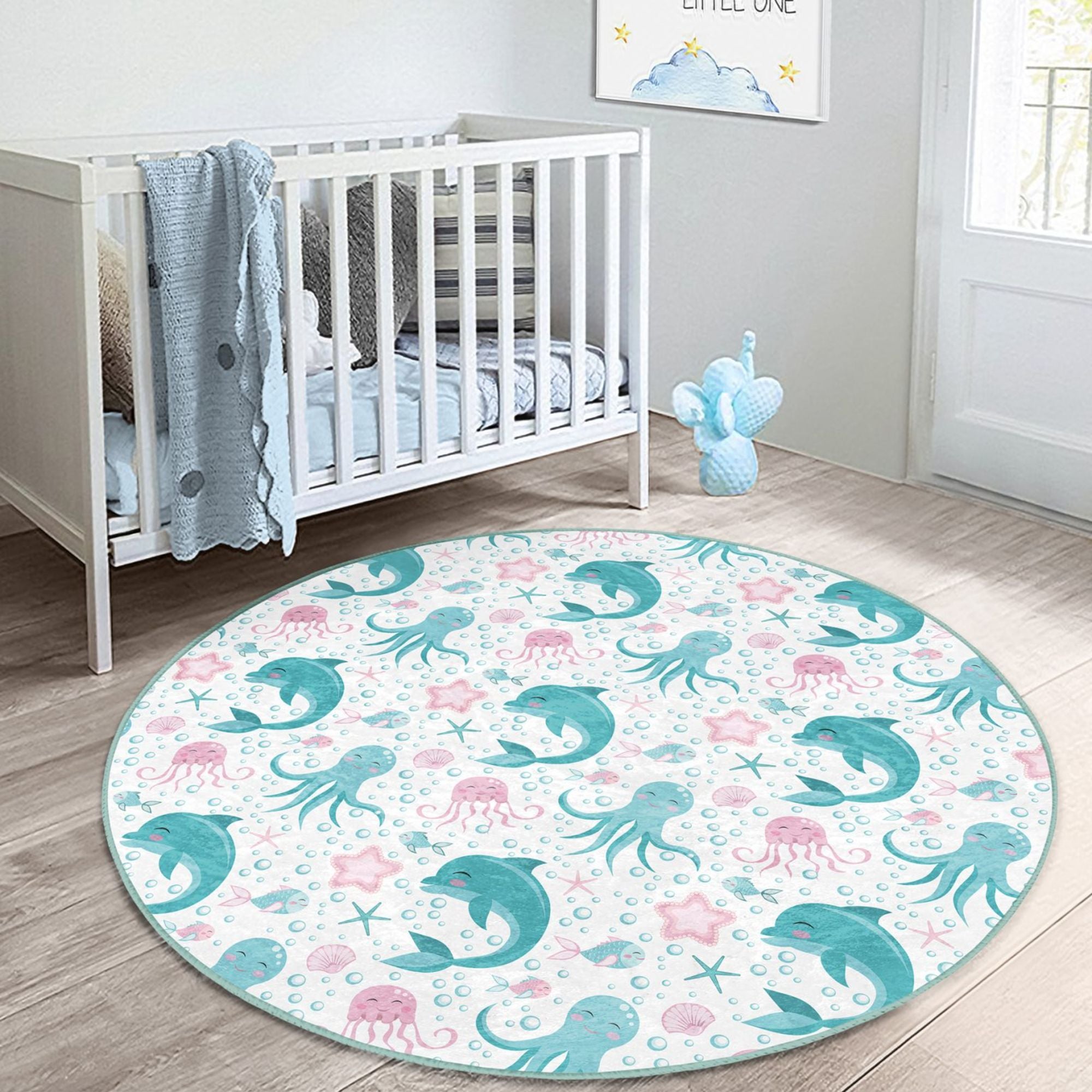 Colorful kids room decorative rug featuring playful dolphins and octopuses, made from soft velvet fabric.