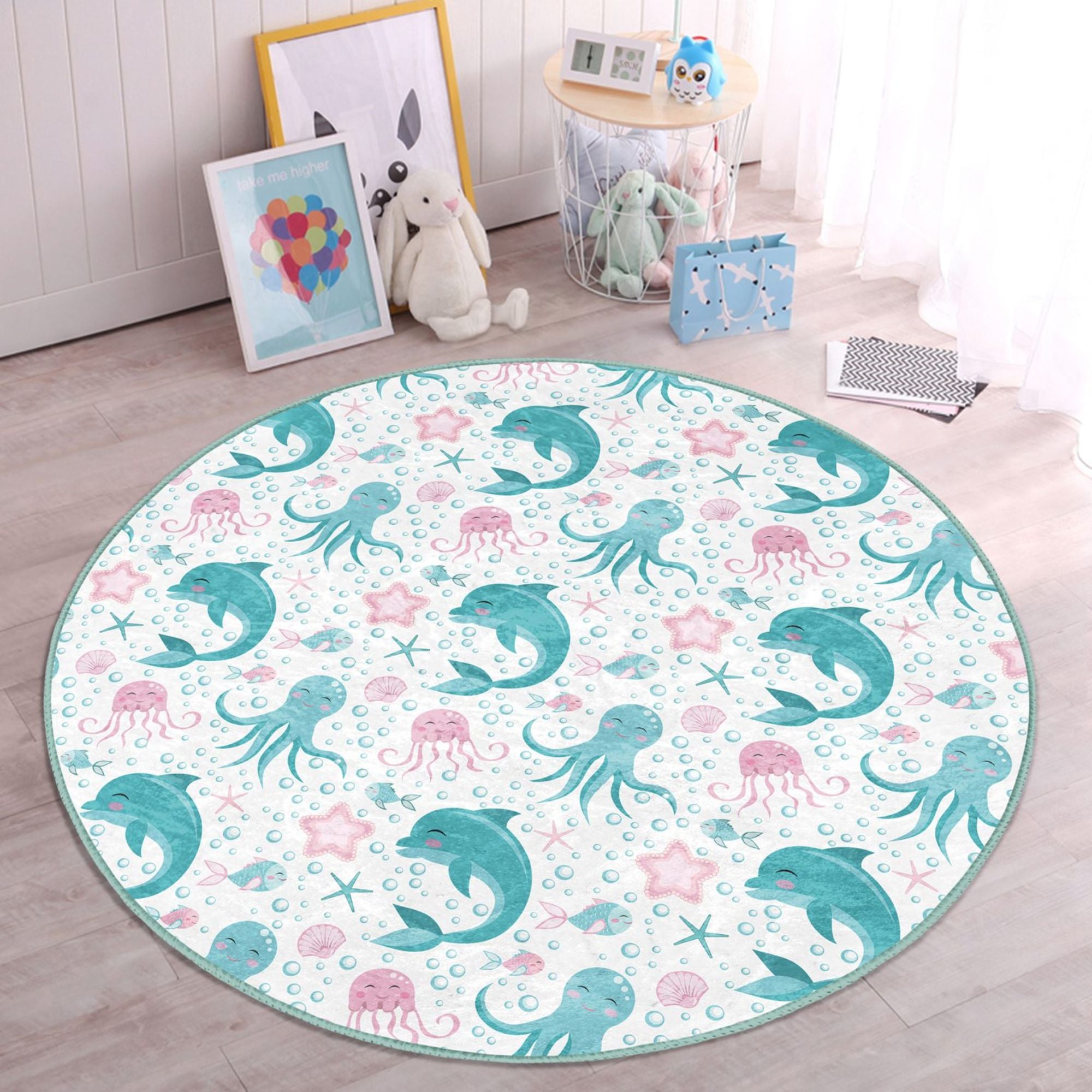 Colorful kids room decorative rug featuring playful dolphins and octopuses, made from soft velvet fabric.