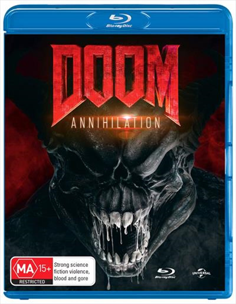 Doom - Annihilation Blu-ray cover featuring UAC Marines battling demons on Phobos.