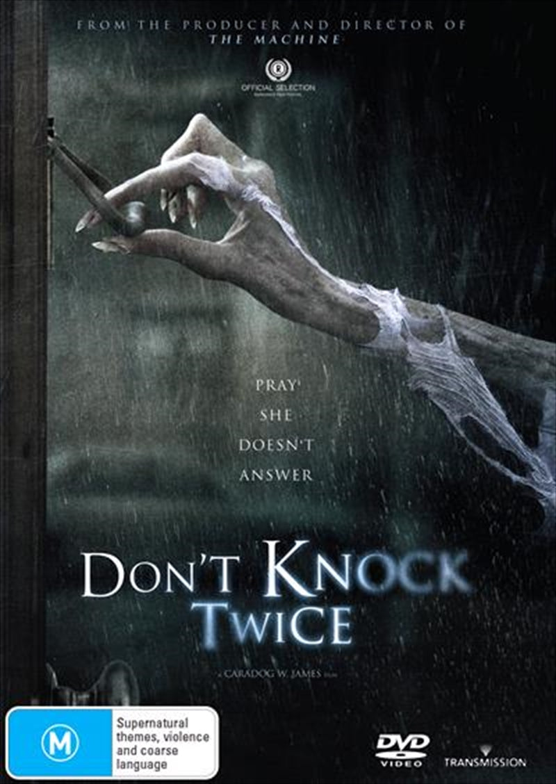 Don't Knock Twice DVD cover featuring a haunting image of a mother and daughter with dark, eerie background.