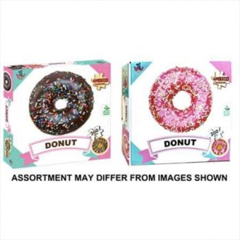 A colorful 300-piece round puzzle featuring various delicious donuts, packaged in a pizza-style box.