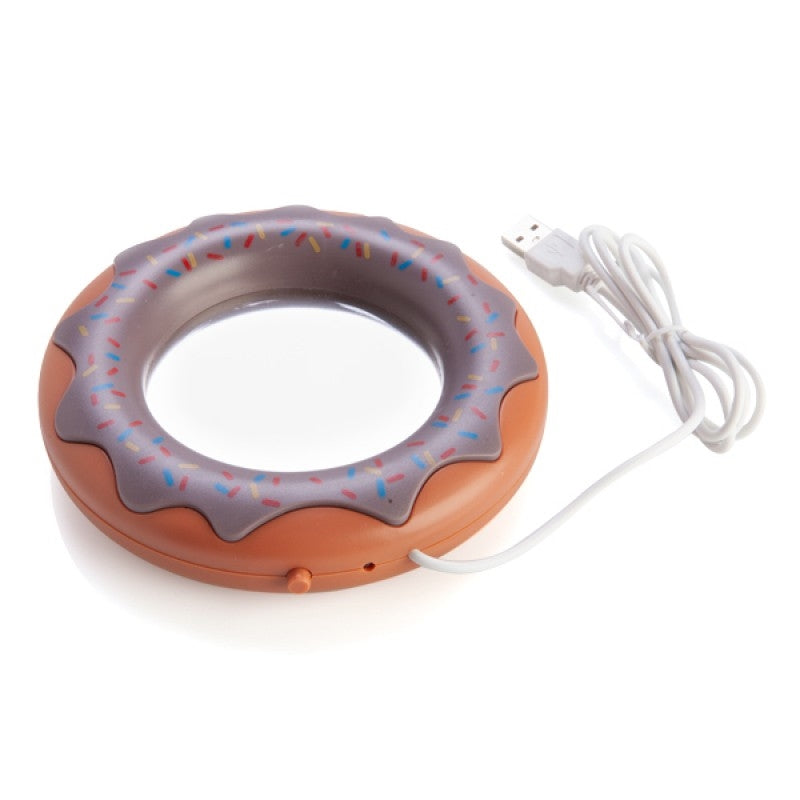 A colorful donut-shaped USB cup warmer with a steel warming plate, designed to keep beverages warm.