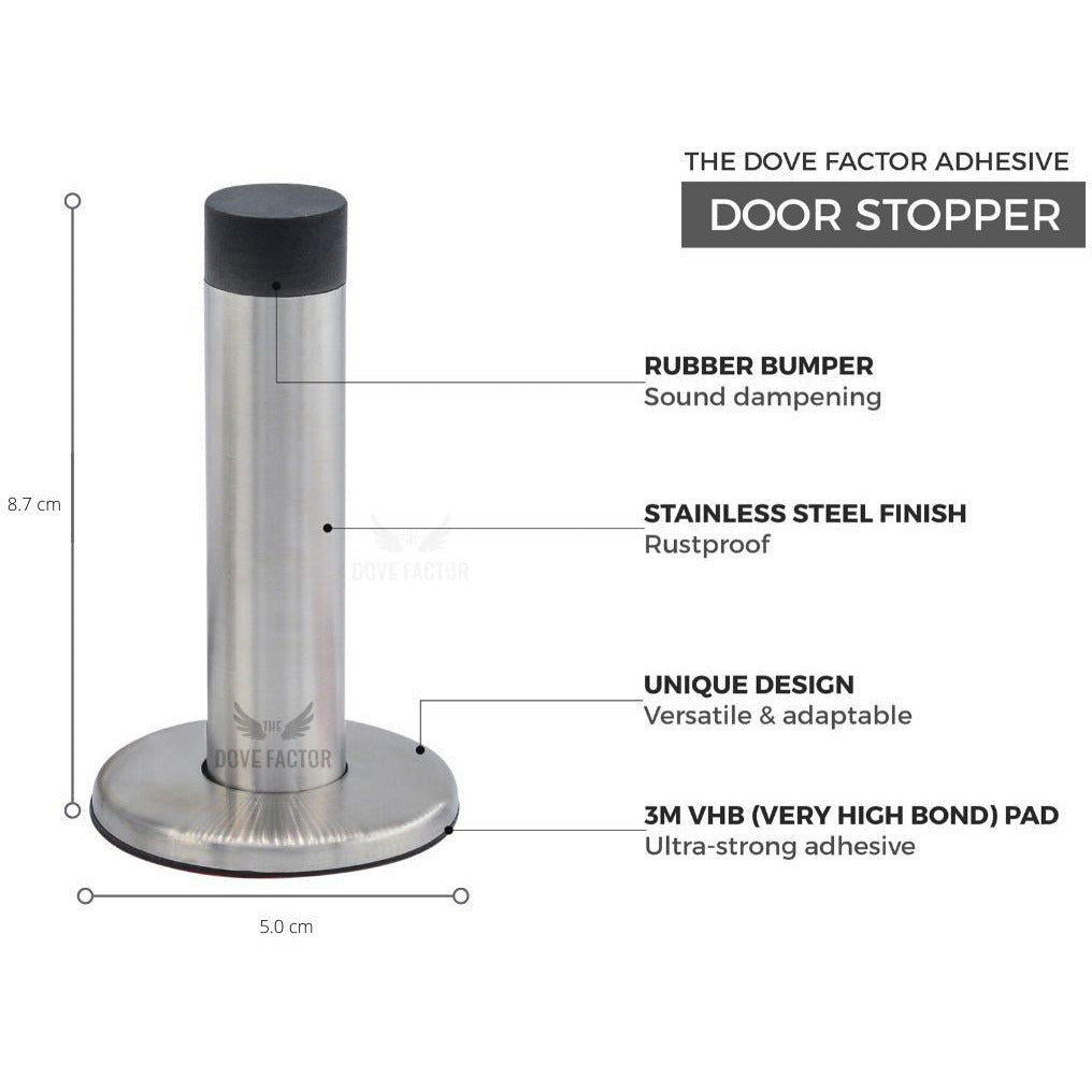 The Dove Factor™ Adhesive Door Stopper in stainless steel and rubber, designed to protect walls and furniture from door damage.