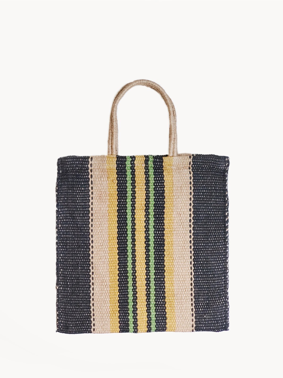 Dora Jute Tote Bag in Multi Navy, showcasing handwoven jute fabric with rustic detailing and vibrant colors.