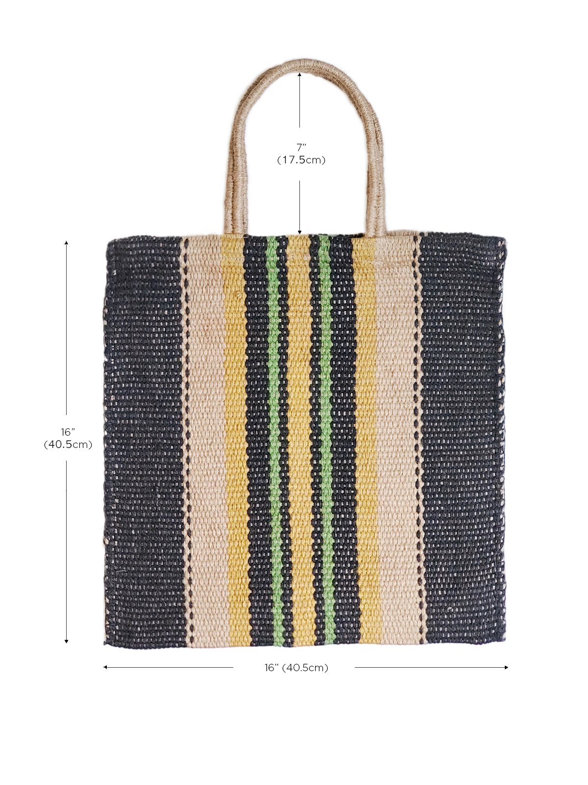 Dora Jute Tote Bag in Multi Navy, showcasing handwoven jute fabric with rustic detailing and vibrant colors.