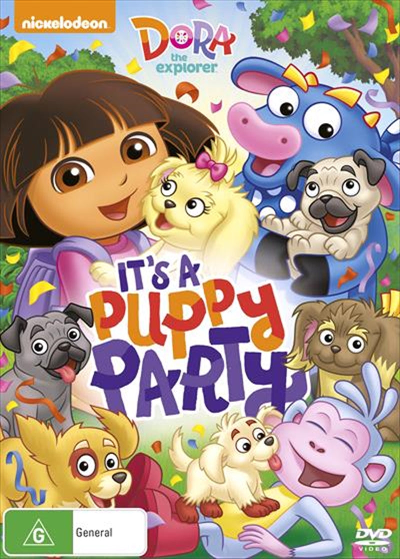 Dora The Explorer DVD cover featuring Dora, Boots, and puppies in a colorful party scene.