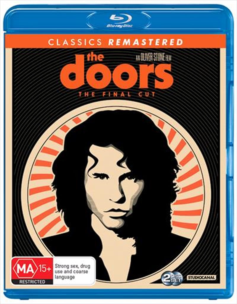 The Blu-ray cover of The Doors featuring Jim Morrison, with vibrant colors and iconic imagery representing the 1960s rock culture.