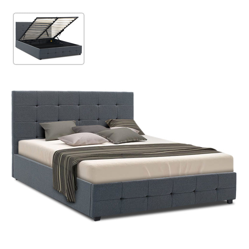 Double Bed HONDO in anthracite color with quilted headboard and footboard, showcasing storage space underneath.