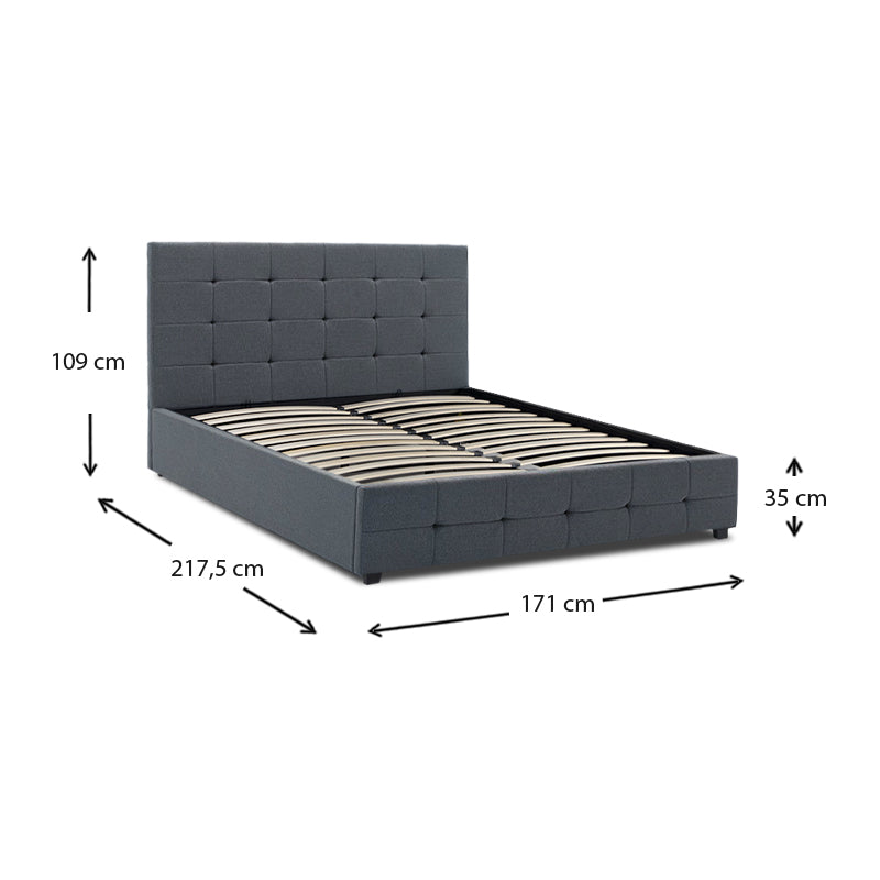 Double Bed HONDO in anthracite color with quilted headboard and footboard, showcasing storage space underneath.