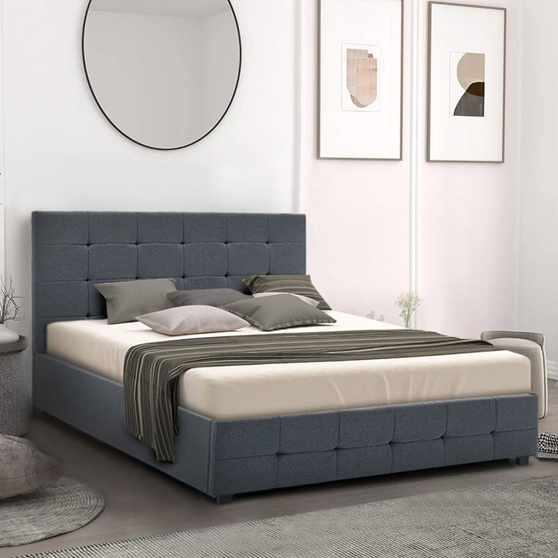 Double Bed HONDO in anthracite color with quilted headboard and footboard, showcasing storage space underneath.