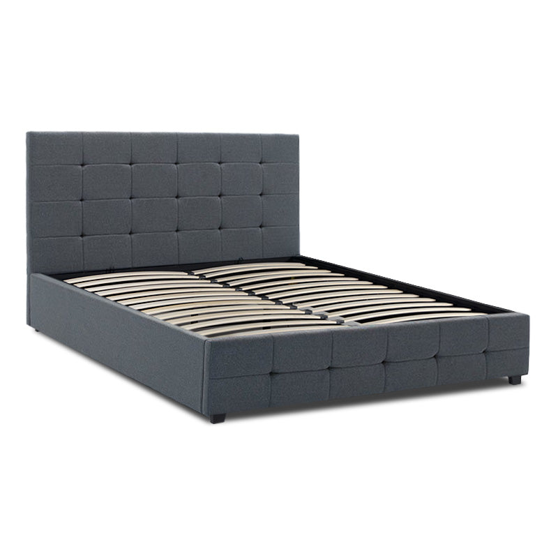 Double Bed HONDO in anthracite color with quilted headboard and footboard, showcasing storage space underneath.