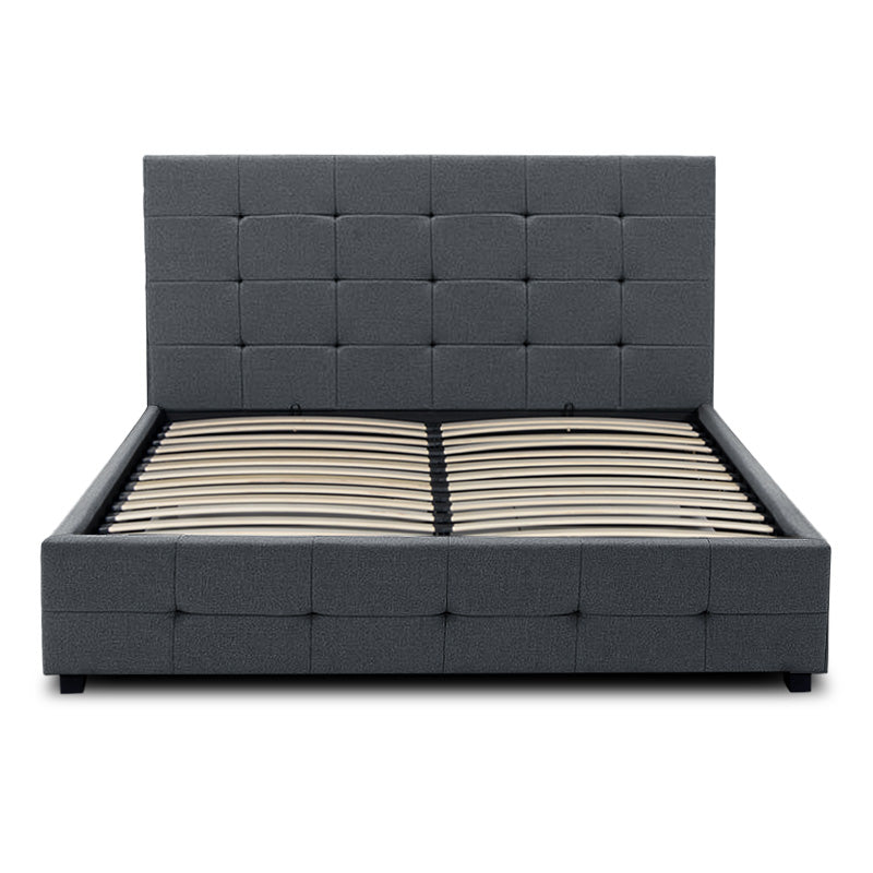 Double Bed HONDO in anthracite color with quilted headboard and footboard, showcasing storage space underneath.