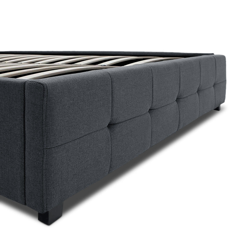 Double Bed HONDO in anthracite color with quilted headboard and footboard, showcasing storage space underneath.