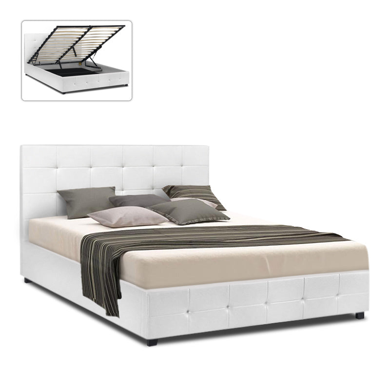 HONDO Double Bed in white with quilted headboard and footboard, featuring under-bed storage and anatomical boards for comfort.