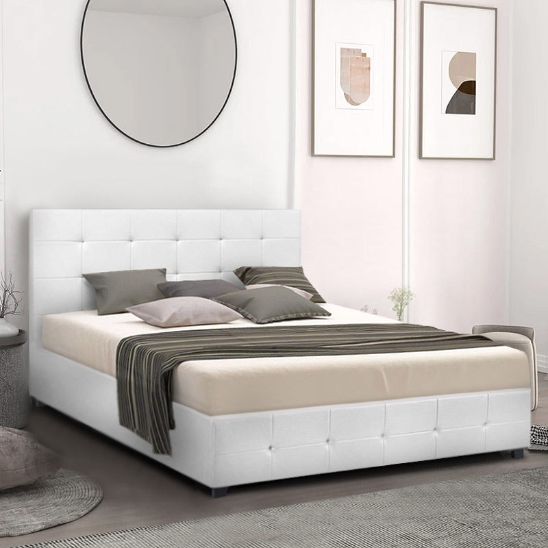 HONDO Double Bed in white with quilted headboard and footboard, featuring under-bed storage and anatomical boards for comfort.