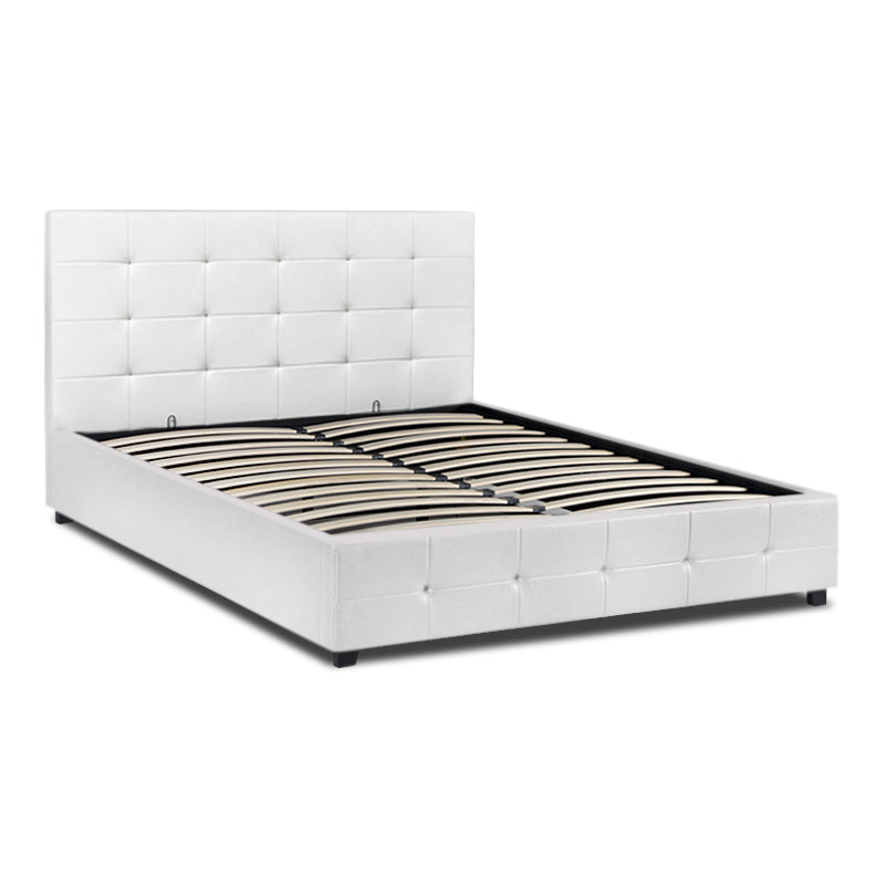 HONDO Double Bed in white with quilted headboard and footboard, featuring under-bed storage and anatomical boards for comfort.